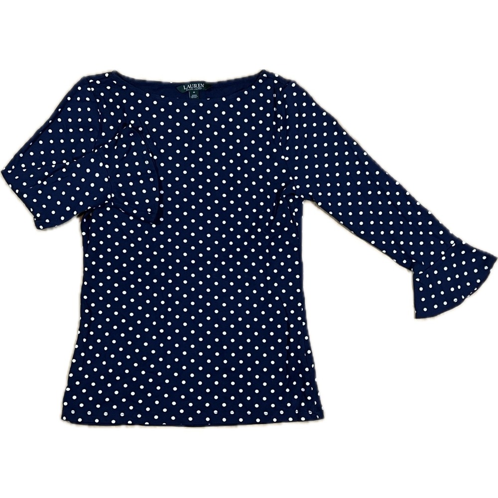 Lauren Ralph Lauren Blue White Polka Dot Top Women M Bell Sleeve Boat Neck Shirt